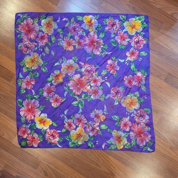 Echo Floral Hibiscus Purple Silk Scarf 34" X 34.75" - Picture 3 of 10
